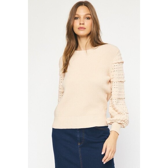 Entro Sweater Pullover Textured Ruffle Sleeve Peachy Tan Women’s L - Picture 1 of 12